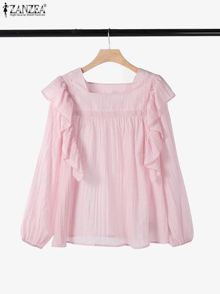 

ZANZEA Spring Elegant Long Lantern Sleeve Ruffles Blouses Women Square Neck Shirt Solid Loose Tops Fashion Work Blusas Mujer
