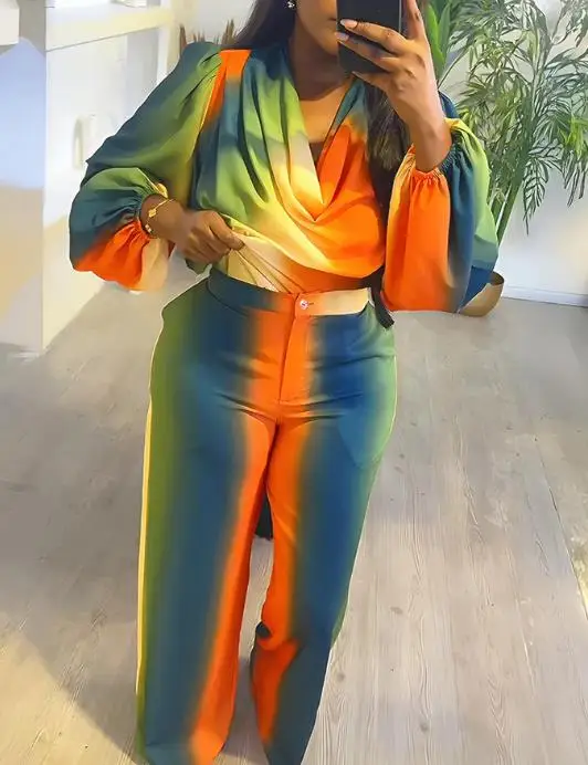 

2 Pieces Outfit Cowl Neck Puff Sleeve Loose Fit Top Zipper Fly Elastic Back Waist Wide Leg Pants Set Casual Tie Dye Print Set