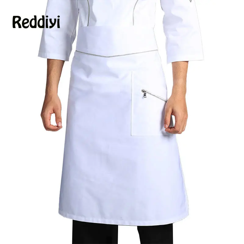 Chef Half-Length Apron With Zip Pocket Hotel Kitchen Special White Pinafore Restaurant Cook Waiter Adjustable Short Aprons