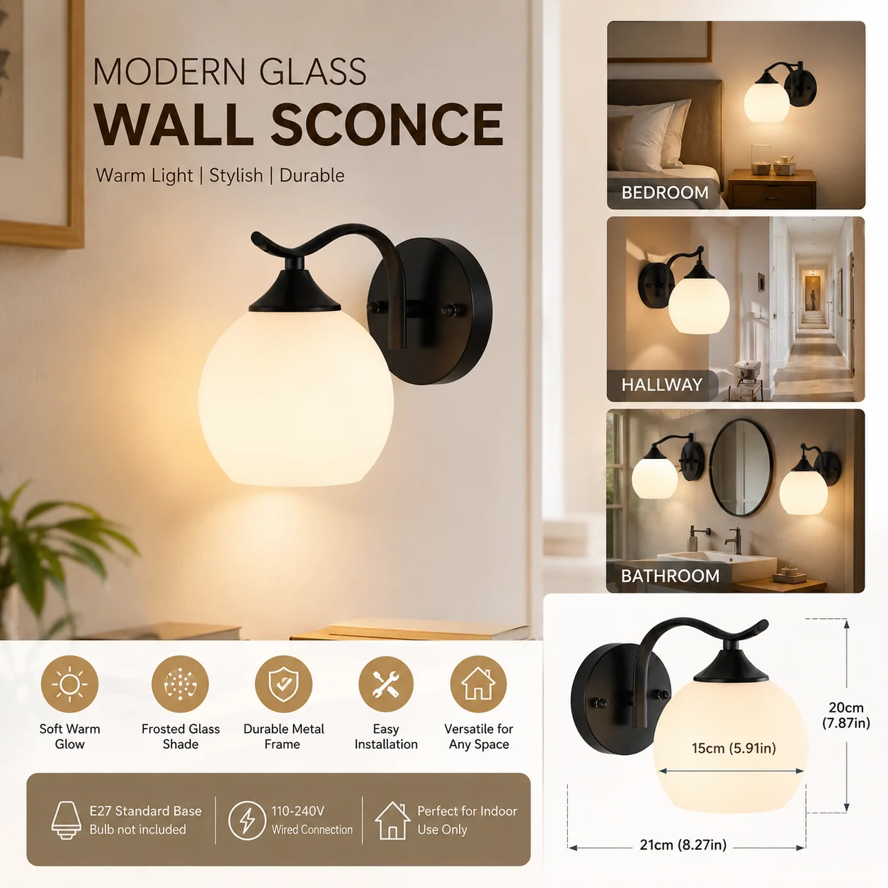 E27 LED Wall Light Nordic Minimalist Glass Lampshade Background Decorative Light Suitable for Bedrooms and Corridors