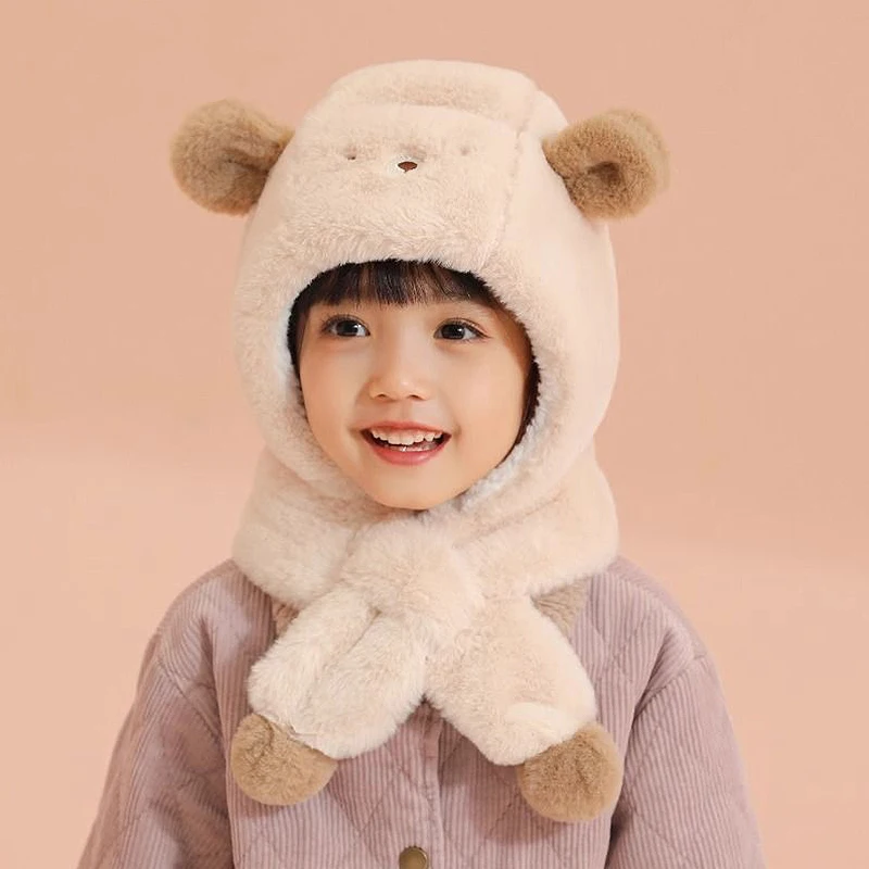 Winter Baby Plush Scarf Hat Cute Cartoon Thermal Headgear Fluffy Fur Ear Protection Cap 1-8year Children Windproof Warm Beanie