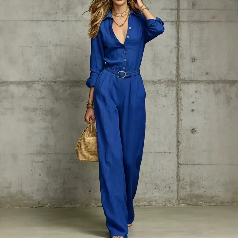 2026 New Women's Autumn And Winter Jumpsuit Solid Color V-neck Fashion Temperament Commuting Versatile And Comfortable Jumpsuit