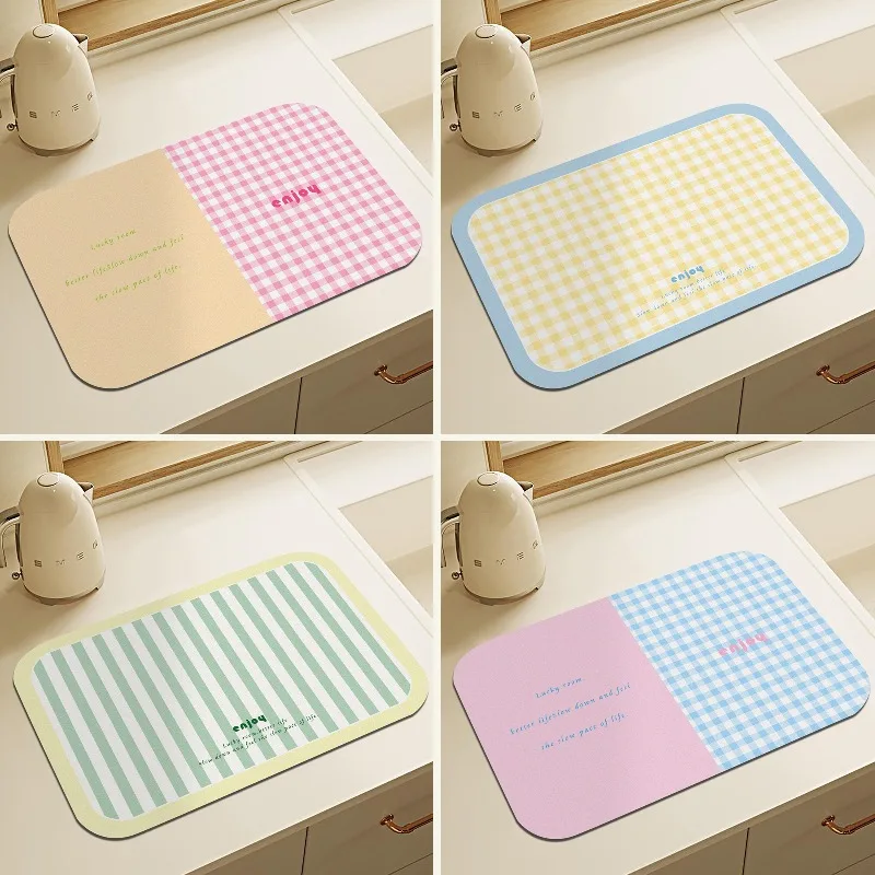 Non-Slip Super Absorbent Kitchen Draining Mat Quick Dry Multi-Scene Coffee Bar Bathroom with Cartoon Cat Checkerboard Patterns