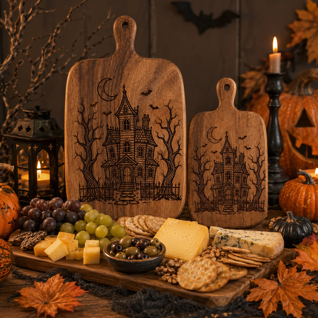 2Pcs/1Pc Halloween Wooden Carved Cutting Board Artistic Carved Steak Board Tabletop Decorative Cutting Board Stylish Long Handle, Made of Solid Wood, Used for Cutting Meat, Cheese, Bread, Vegetables, and Fruits - Deli Board, Cheese Serving Board, Perfect for Food Slicing and Presentation, Portable Camping Cutting Board, a Must-Have for Modern Home and Country Kitchens Mother's Day Gifts, Wedding Season Kitchen Supplies