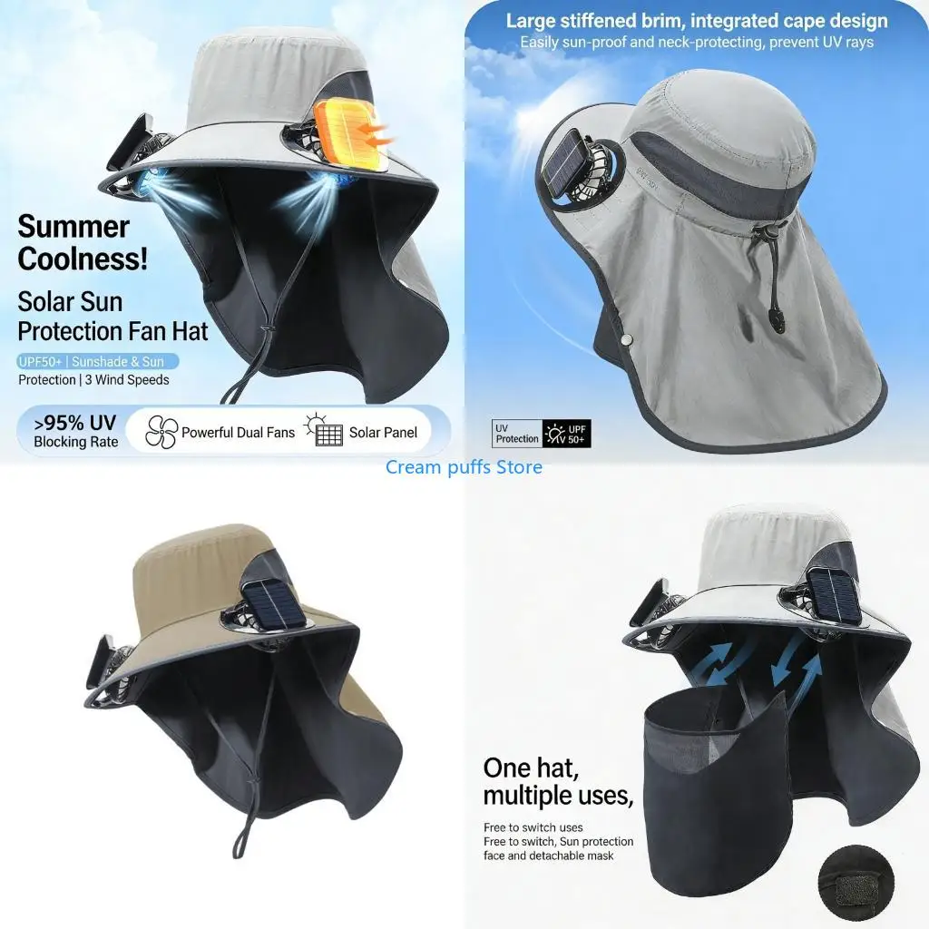 50LE Solar Charged Sun Hat With Controllable Fan Moisture Wicking Fabric For Gardening Hiking Beach Activity