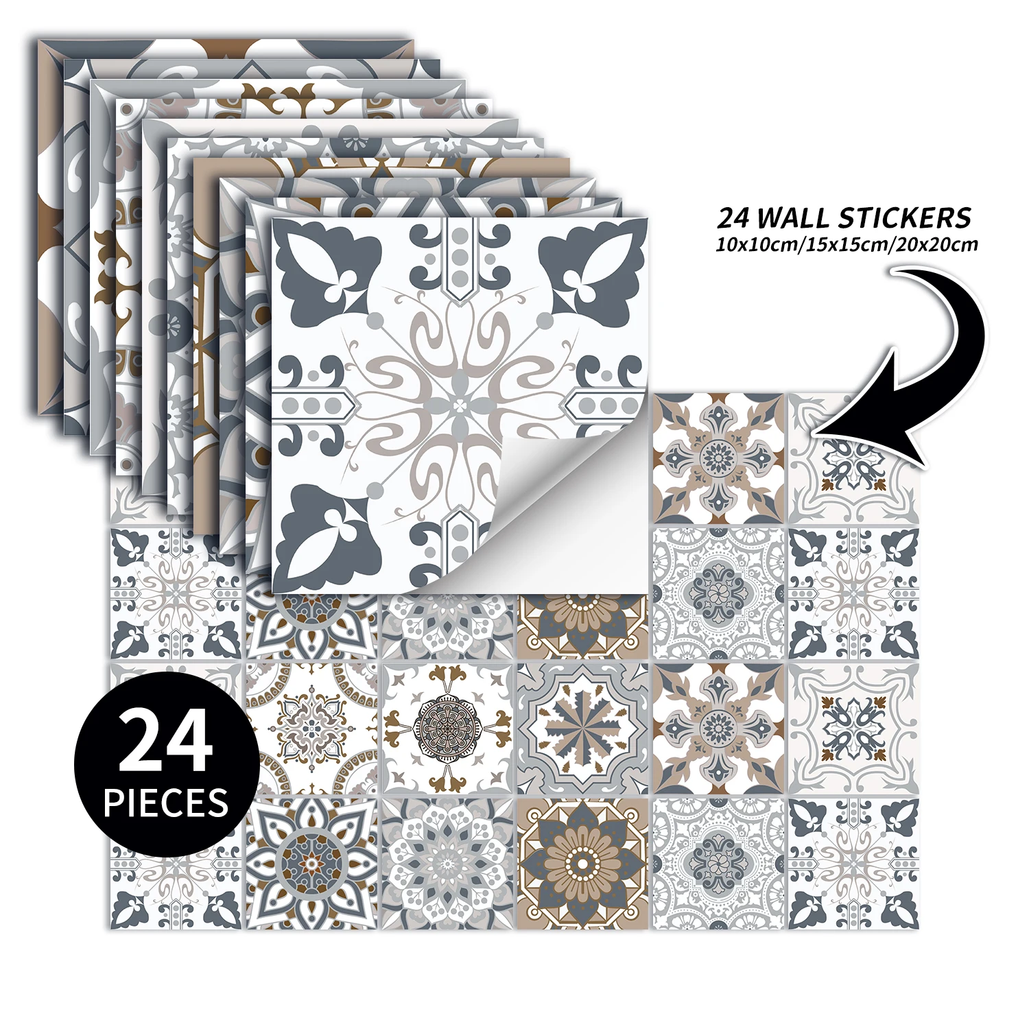 24 pcs/pack, Waterproof and Oil-proof, Easy To Clean, Retro Style Pattern Self-adhesive PVC Tile Stickers