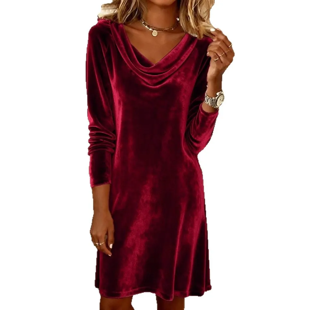 Nieuwe herfst elegante mode effen kleur sexy wrap heup lange mouw temperament woon-werkverkeer slim fit poeder fluwelen damesjurk