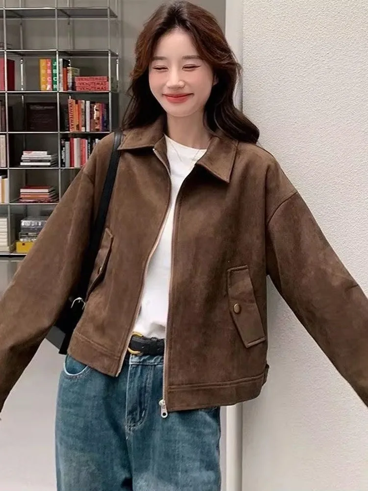 American Vintage Faux Suede Jacket Women Spring Autumn Retro Short Cargo Jacket Streetwear Y2K Aesthetic Coat
