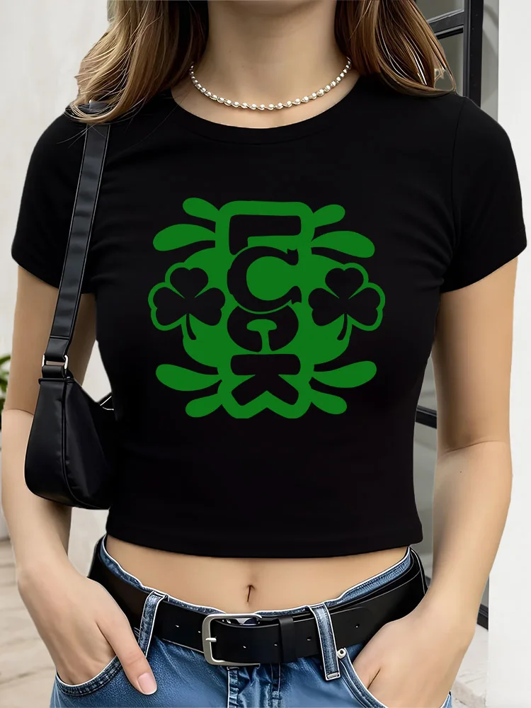 

Luck and Clover Women Graphic Crop Top Black Short Sleeve Slim Fit T-Shirt Basic Summer Top