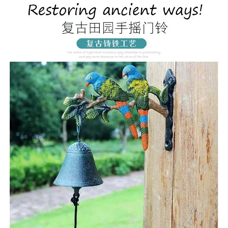 Hand Paint Parrot Birds Cast Iron Door Bell European Home Garden Wall Mounted Blue Green Yellow Hand Cranking Welcome Door Bell