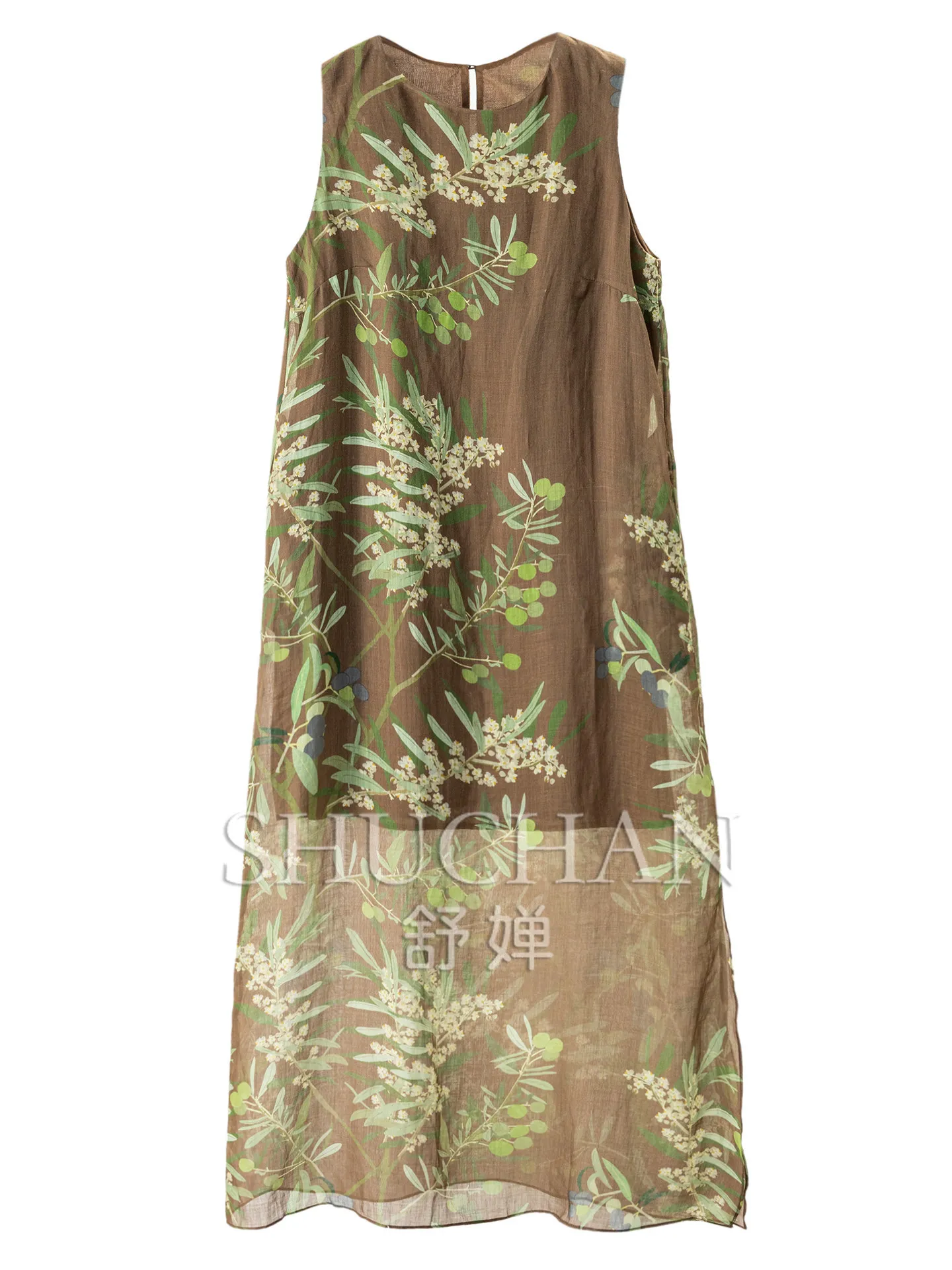 

Tank Dresses Summer 2026 Olive Branch Printing Open Fork 100% Ramie Vest Dress Women's 52M8