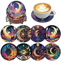 8 pieces/set of moon diamond painted coasters set, sparkling rhinestone heat-resistant beverage coasters with stand DIY coasters