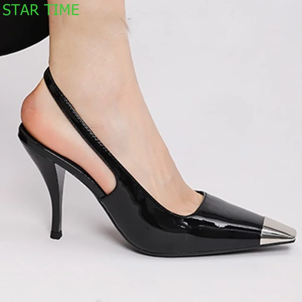 

Metal Square Toe Patent Leather Pumps 2024 Spring New Casual Shallow Back Strap Sandals Black 2.5Cm/6Cm/9Cm Fashion Women Shoes