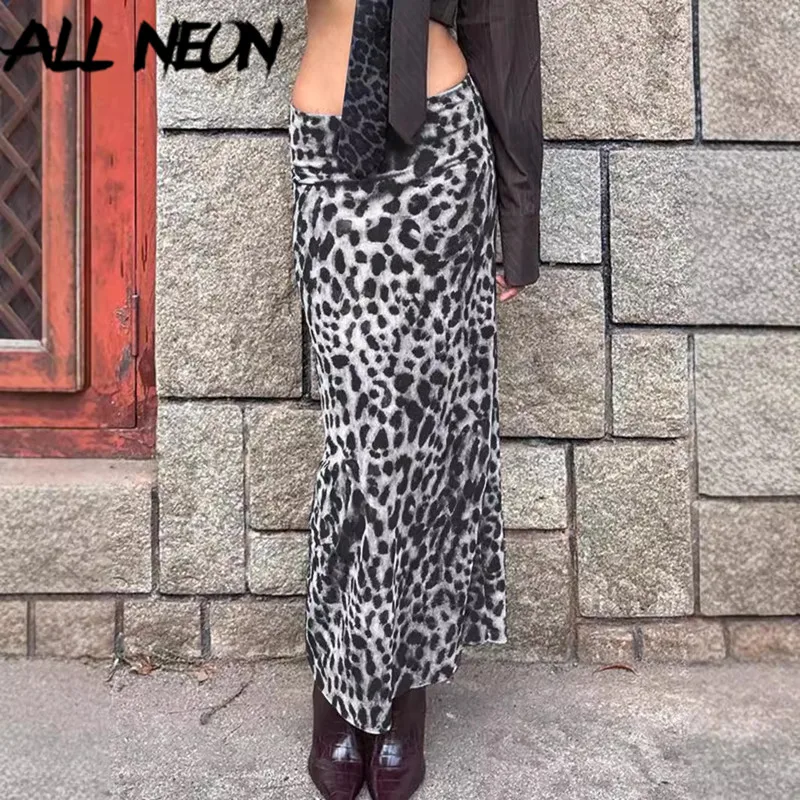 

ALLNeon Elegant Fashion High Waist Bodycon Skirts Ladies Streetwear Bottoms Cyber Y2K Rave Mesh Leopard Printed Long Skirt Slim