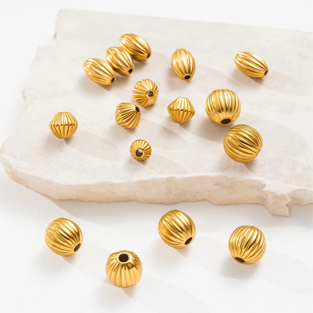 10PCS/Lot Stainless Steel Bead Gold Plated Corrugated Round Spacer Beads For DIY Bracelets Necklaces Making Jewelry Components