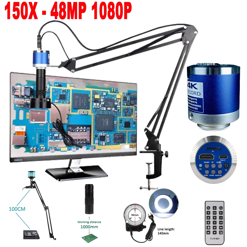 

48MP/13MP Type-c HDMI Video Microscope Digital Camera 150X Adjustable Lens LED Light Set Optional Lab Pcb Repair Phone Welding