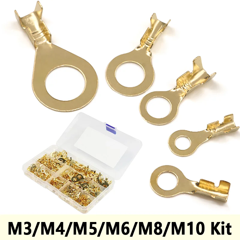 M3-M10 Copper Ring Crimp Terminals Kit Cable Lugs Wire Connectors Assortment Set Tinned Ring Terminal for Electrical Wire