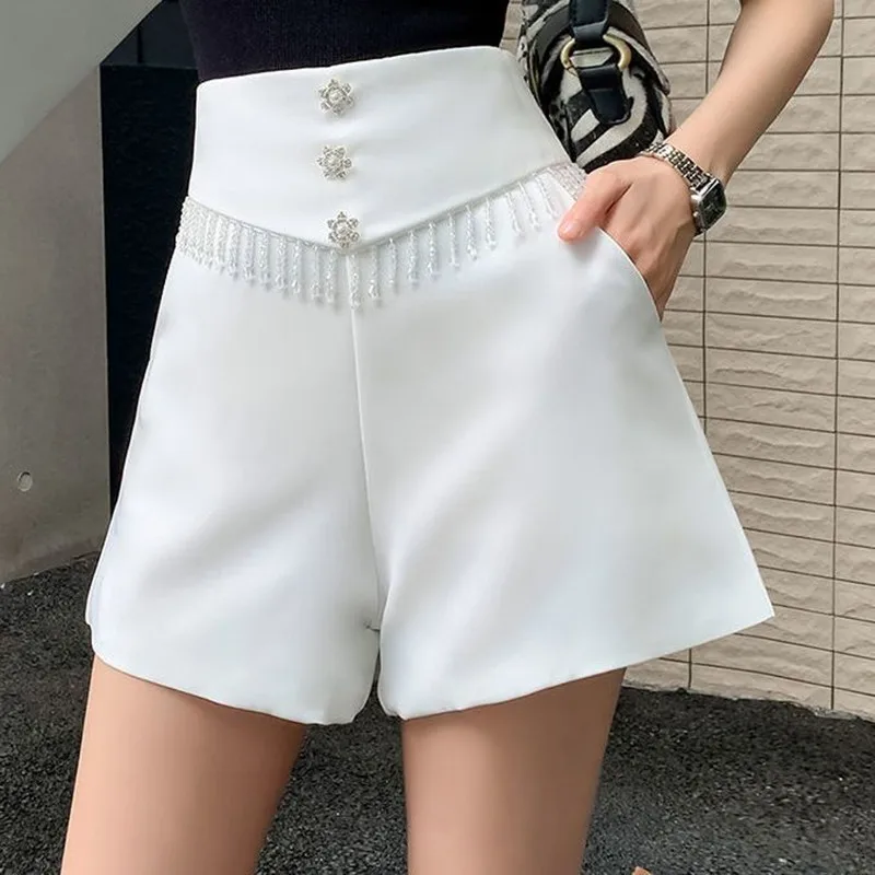 Women Luxury Beading Tassel High-waisted Shorts 2026 New Summer Loose-fitting Shorts FemaleKorean Style Elegant A-line Shorts