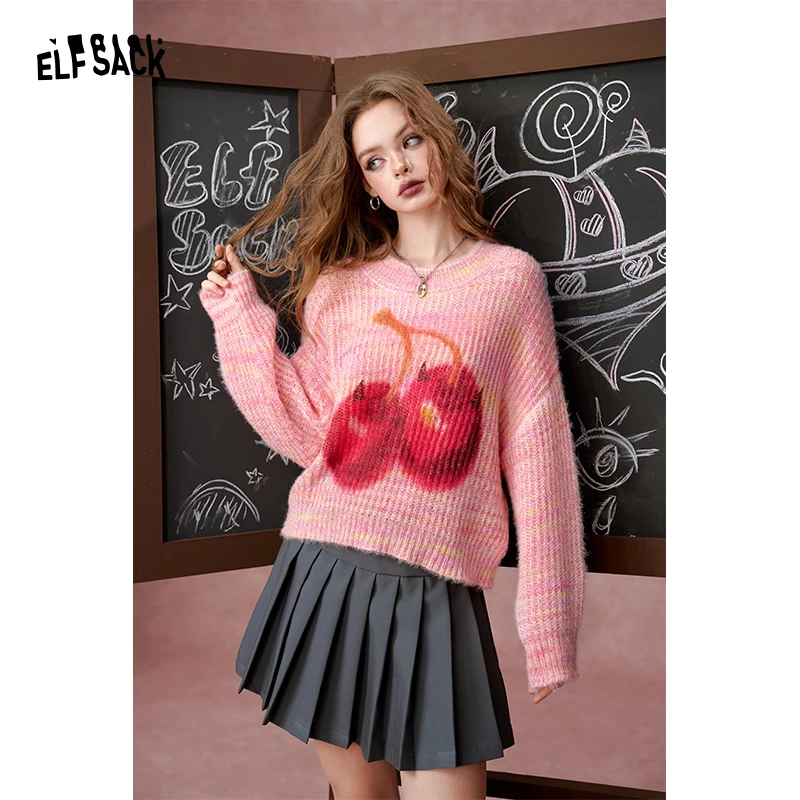 ELFSACK 2024 Autumn New Arrivals Colorful cherry print round neck sweater for women, sweet loose short sweater