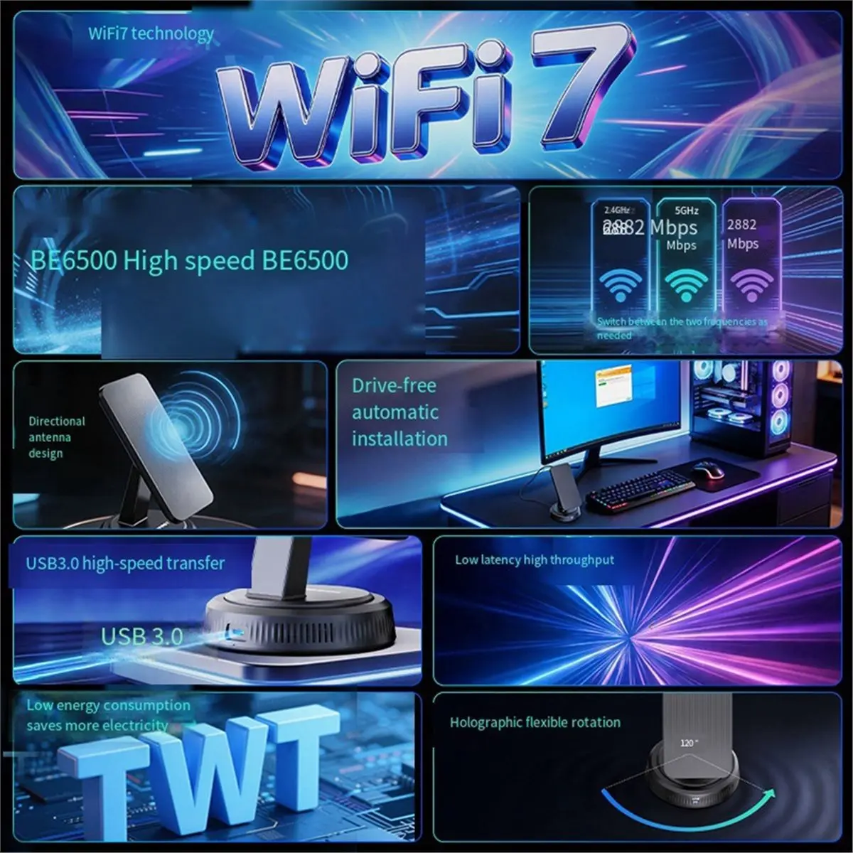 BE6500M Wireless Network Card Adapter WiFi 7 Driver-Free 6452Mbps Tri-Band Directional Long-Range Type-C to USB 3.0