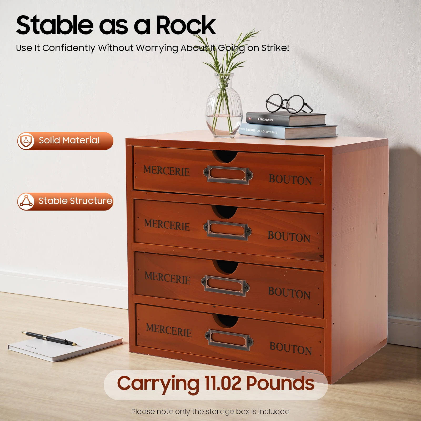 

4-tier Desktop Storage Cabinet Antique 4 Drawers Brown Pine Wood Plywood Rectangular Tabletop No Assembly Required