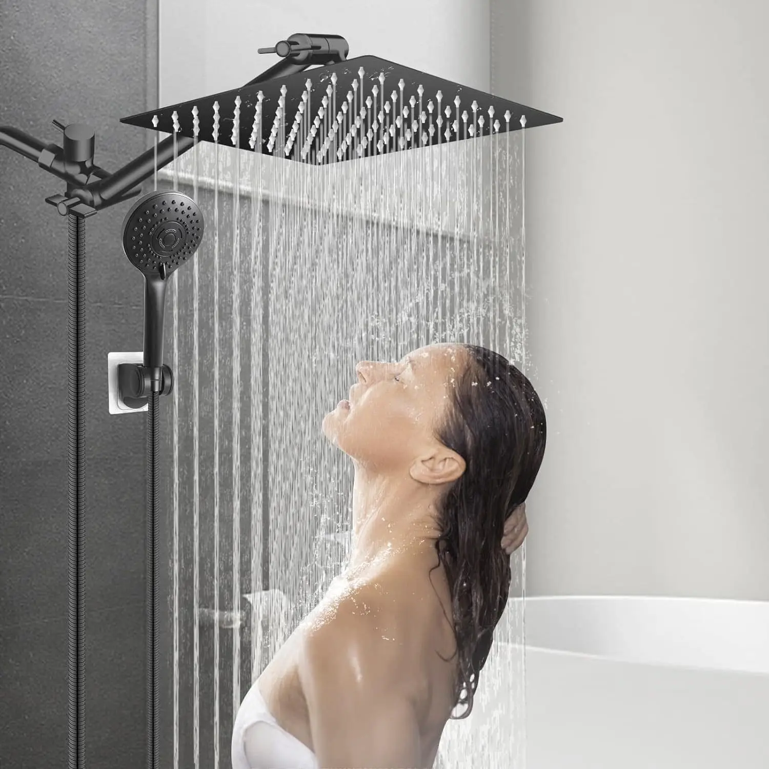 

8/10 Inch Stainless Steel 5 Modes Overhead Shower With Extended Arm Multifunctional Handheld Shower Wall Mounted Shower Set