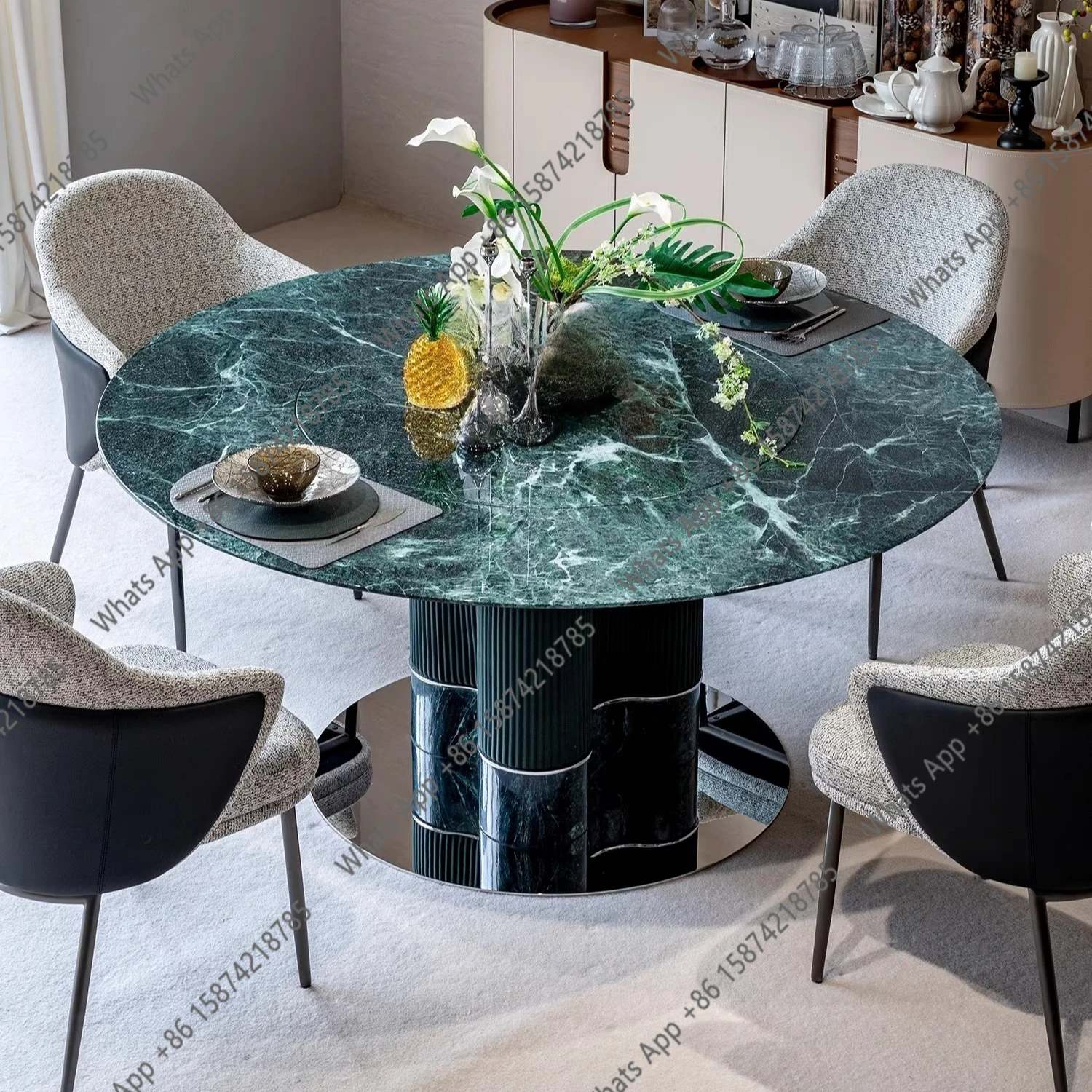 Luxury stone dining table Prada green high-end villa large flat floor designer natural marble round table