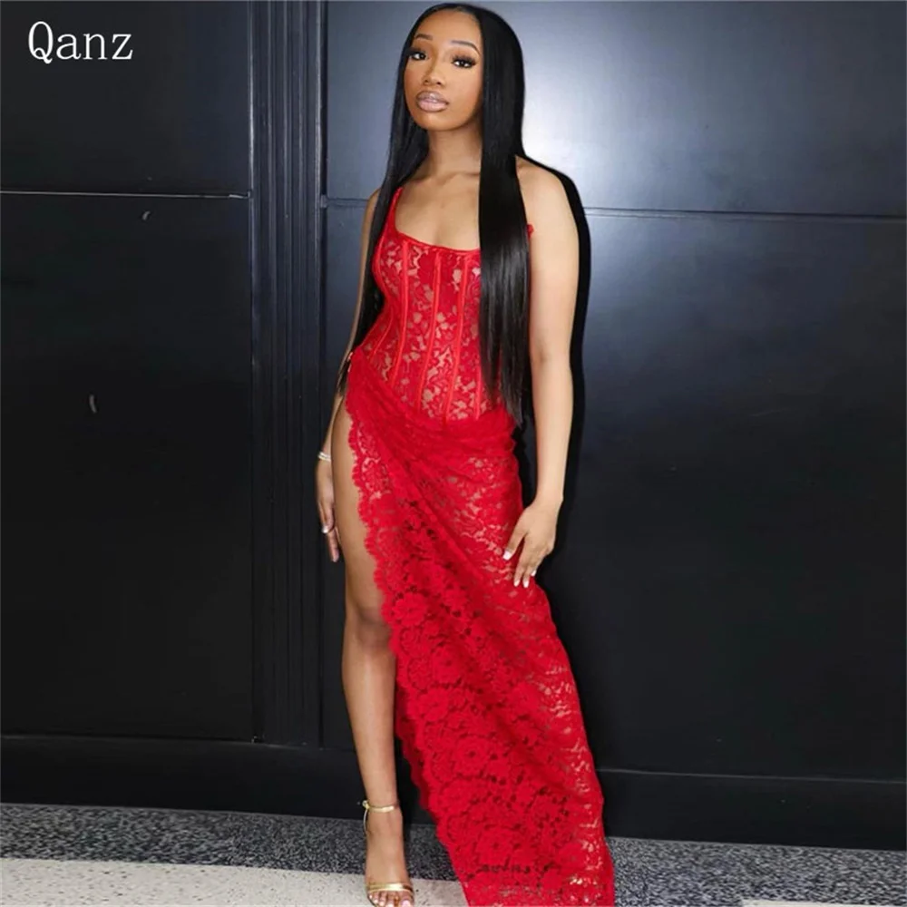 

Qanz Red High Leg Slit Africa Prom Dresses Lace Appliques Abendkleider Luxus 2024 Duba Mermaid Floor Length for Girs Party Gown