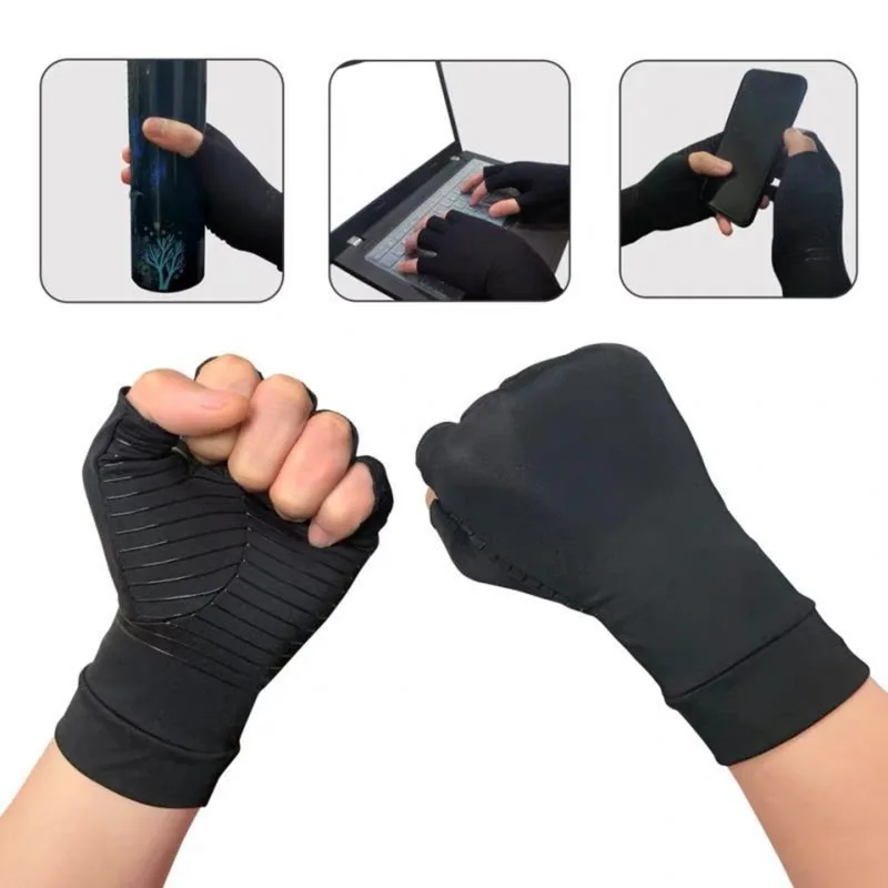 1 Pair Copper Arthritis Compression Gloves Women Men Relieve Hand Pain Swelling and Carpal Tunnel Fingerless for Typing