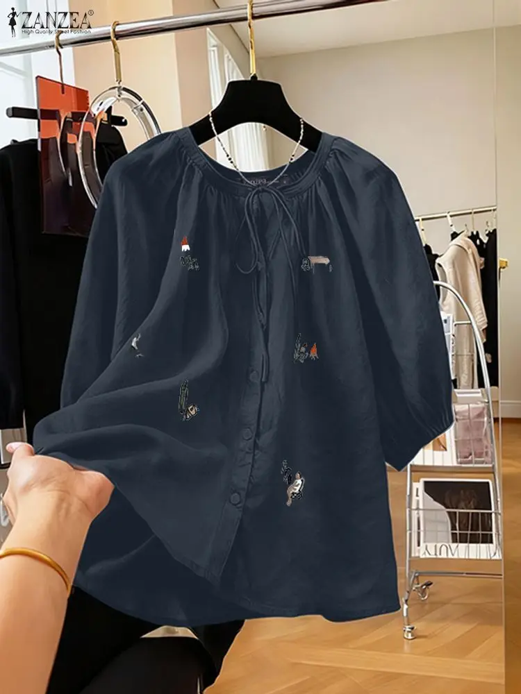 قميص مكتب صيفي من ZANZEA لعام 2025 بلوزة مطرزة برقبة دائرية ملابس علوية فضفاضة للسيدات بلوزات أنيقة بأكمام قصيرة للعمل