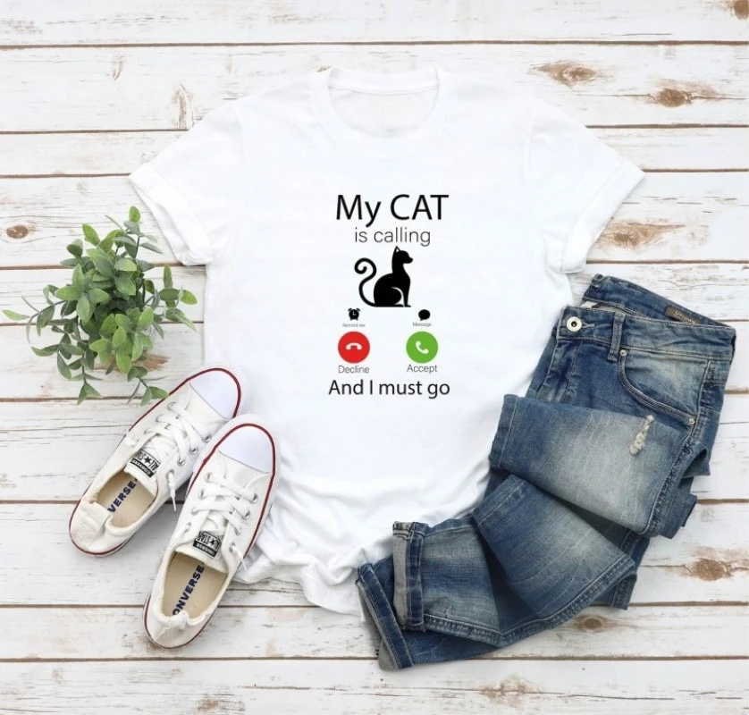 My Cat Is Calling T Shirt Women Fashion Top Funny Phone Screen Graphic Tee Cute Cat Lover Casual Streetwear Daily Wear