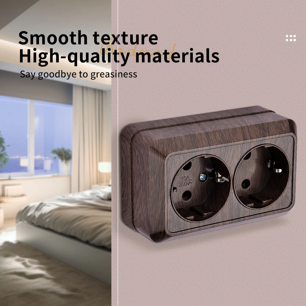 Wooden Paint Wall Surface 2 Socket Plug EU Exterior Electrical Outlets With Ground Outdoor Power Socket Flame Retardant Plastic