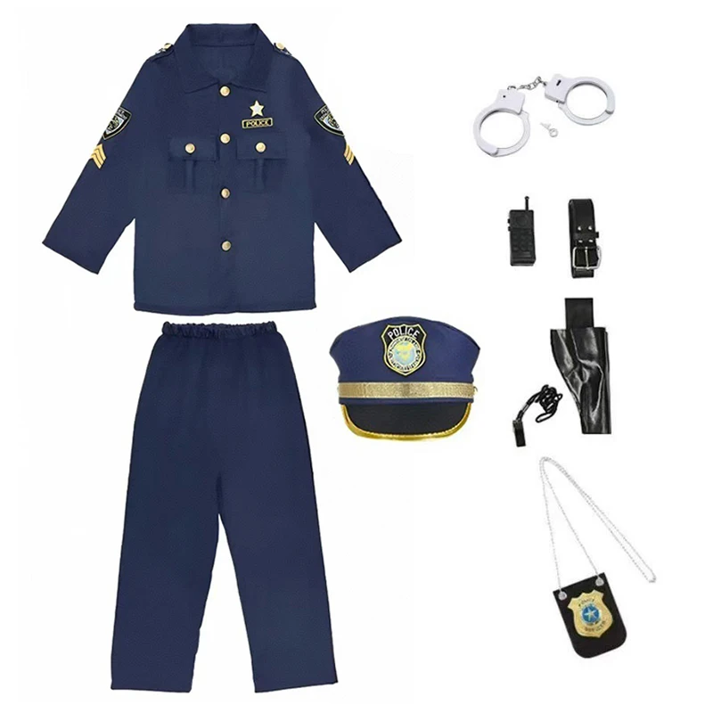 Kids Police Cosplay Costume Uniform Set Tops Pants Hat Belt Handcuffs Accessories Boys Halloween Party Cosplay Role Play Outfit view 2