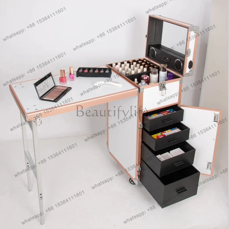 YJ Black Cosmetic Workstation Folding Rolling Portable Case Nail Tech Tables Manicure 3