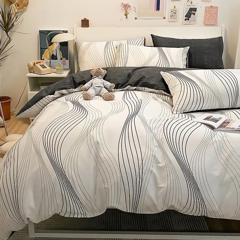 Simple Nordic Pure Cotton Striped Bedding Set Naked Sleeping Comfortable Duvet Cover Set Fitted Sheet Kit for Single and Double