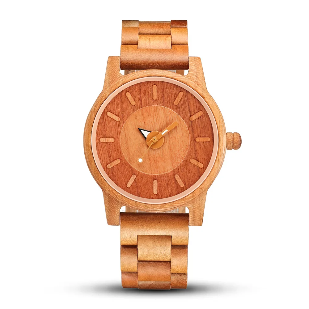Vintage Round Pointer Mens Wristwatch Red Cherry Solid Wood Quartz Accessory Daily Wear Wooden Watch