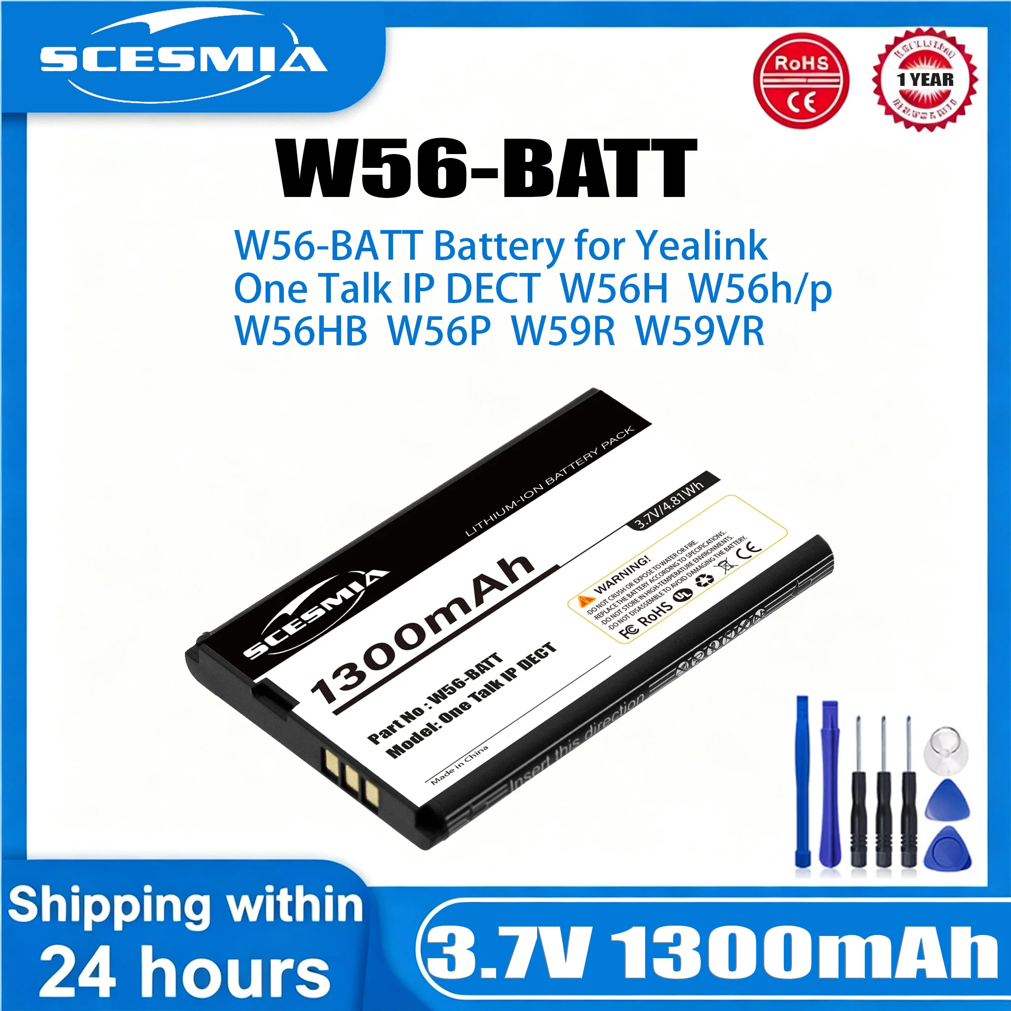 Batería para Teléfono Inalámbrico 3.7V/1300mAh YL-5J, W56-BATT para Yealink W56H, W56h/p, One Talk IP DECT, W56P, W60P W59VR  W79P  W77P