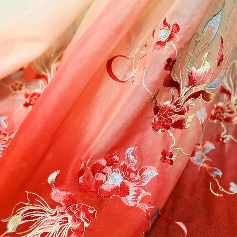 150X100Cm Gradient Color Carp Lotus Embroidery Chiffon Fabric Chinese Hanfu Sewing Costume Shirts Doll Clothing Supplies New