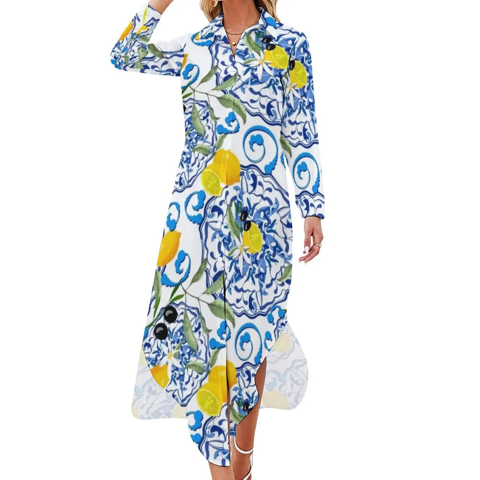 

Summer,citrus,mosaic background ,Mediterranean style,lemon fruit pattern Long Sleeved Shirt Dress summer dresses