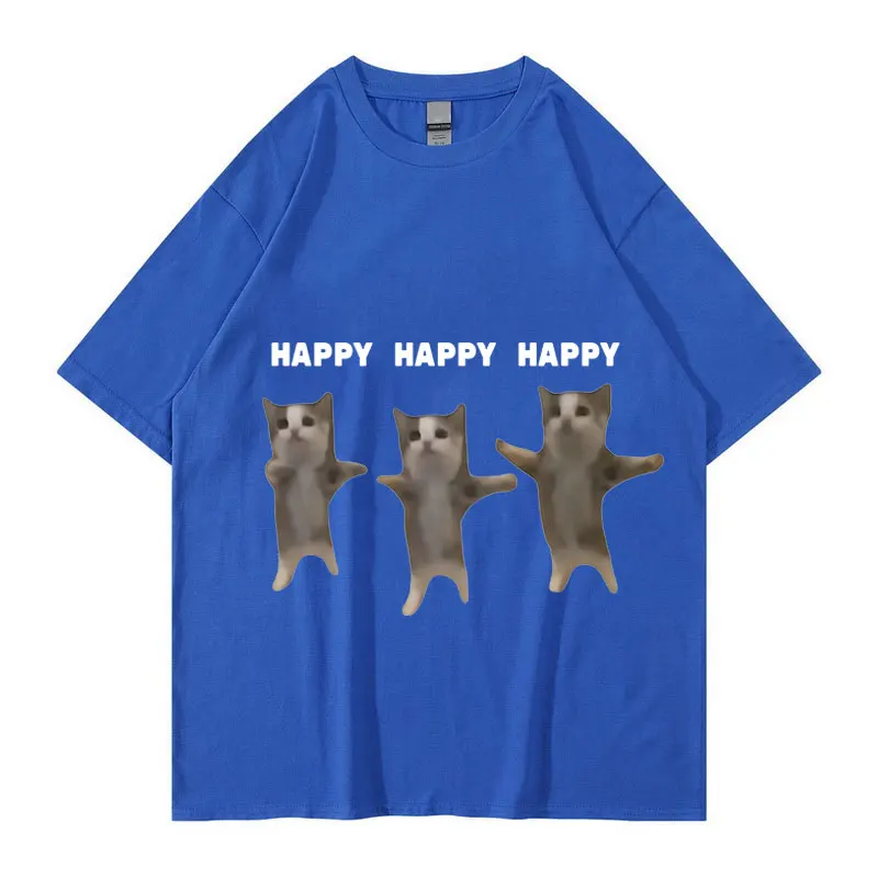 Funny Cute Cat Meme Graphic TShirt Happy Dance Cat Print Short Sleeve T-shirt Men Women Casual Fashion Cotton Oversized T Shitrs