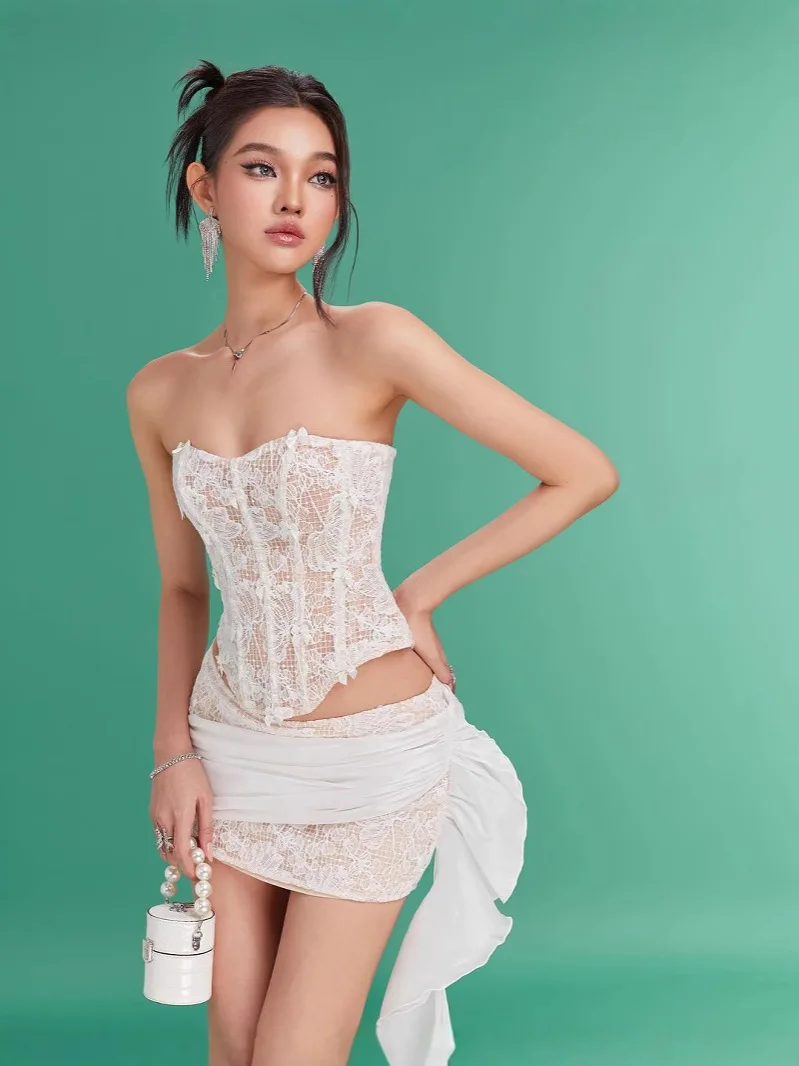 

Womens Sexy 2 Piece Outfit Set Luxury Evening Gown Lace Patwork Vest + Low Waist Skirts Set Woman Clothes Women's Skirt Suits