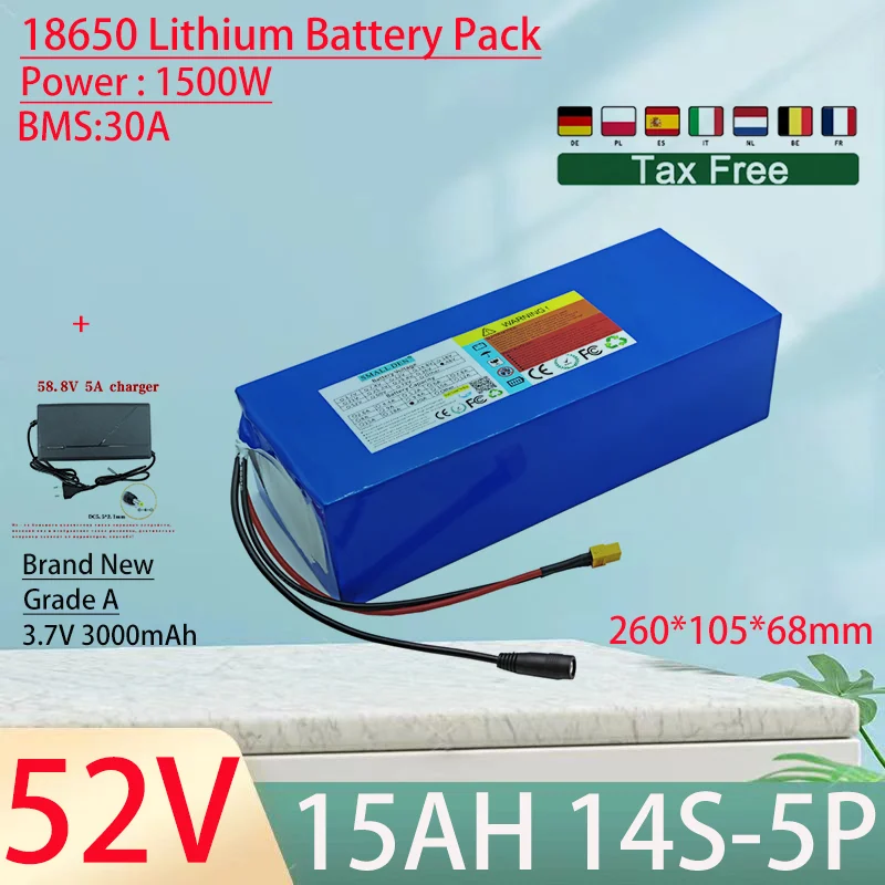 52V 15Ah 18650 14S5P Lithium Ion Battery Pack 1500W Power Tool Batteries Outdoor Backup Batteries With 30A BMS+58.8V 5A charger