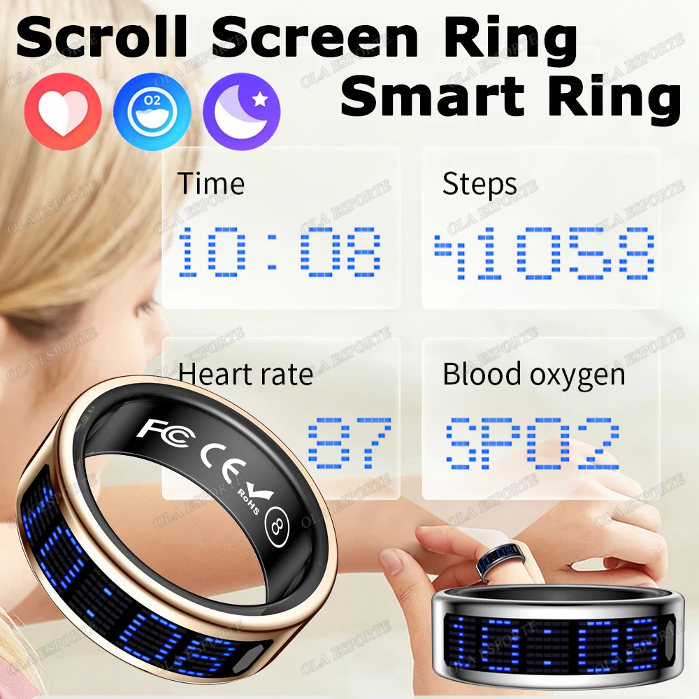 

New Screen Control Smart Ring Dynamic Digital Display Screen Ring Call ID Reminder Heart Rate Sleep Monitor Waterproof Smartring