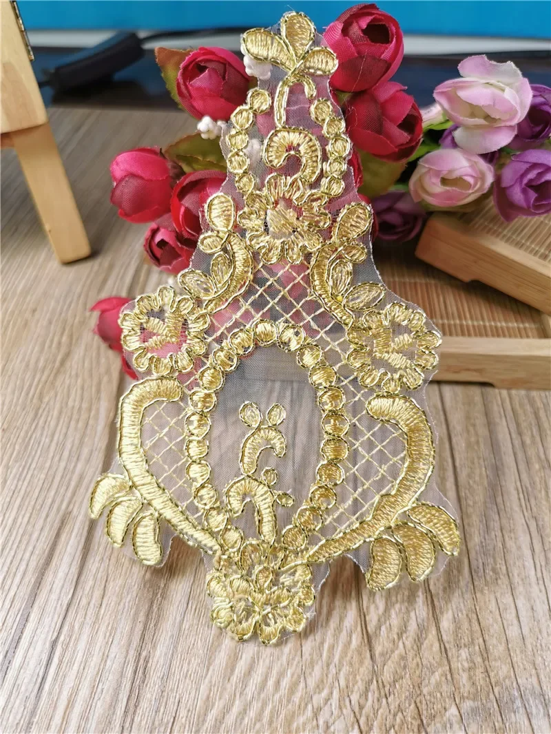 10Pcs Gold Red Claret Colour Gold Cord Outline Venise Lace Appliques Embroider Patch Wedding Dress Lace Decoration DIY 15X9cm