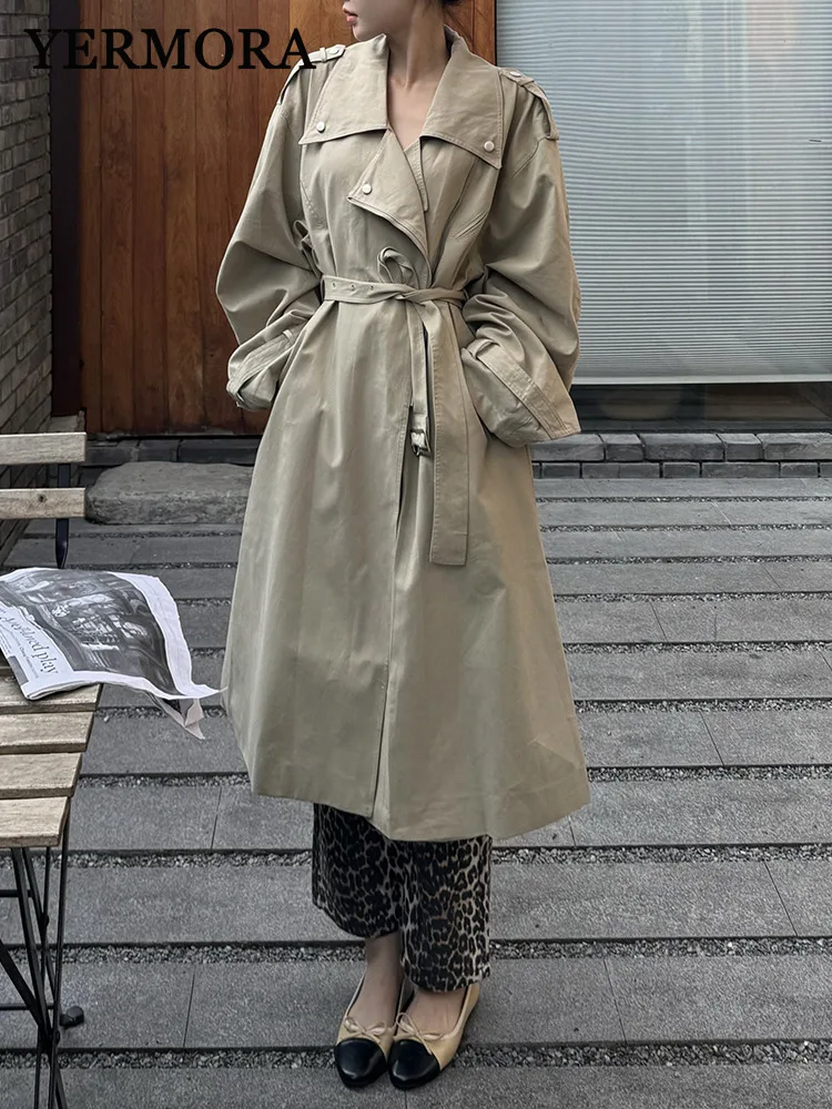 

YERMORA Khaki Belted Zipper Casual Trench For Women Lapel Long Sleeve Loose New Windbreaker Fashion Tide Spring Summer 2025