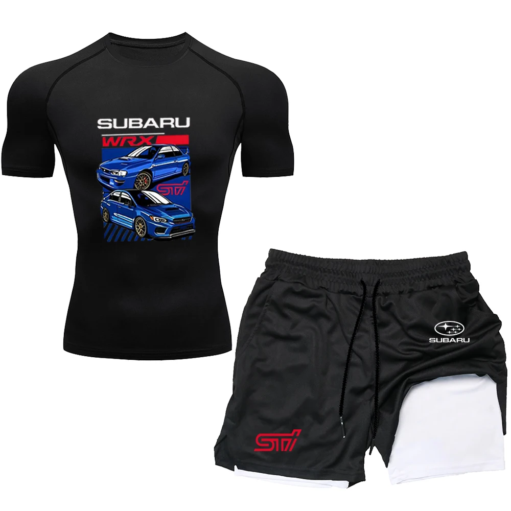 

SUBARU men's running t-shirt fitness set two-piece training suit men's summer sportswear double-layer shorts with phone pocket