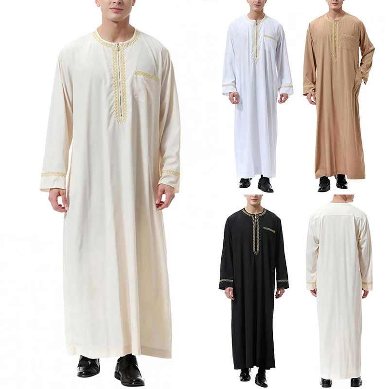 Men's Muslim Arab Robe Middle East Islamic Dubai Ethnic Dress Long Sleeve Kaftan Thoub Jubba Saudi Spring Autumn Wear S-3XL