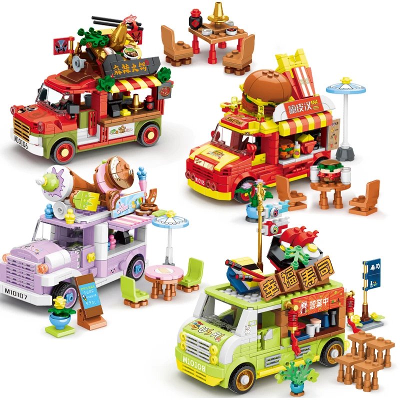 

Ice Cream Truck Hamburg Sushi City Outing Bus Friends Camper Van Camping Princess Touring Car Building Blocks Sets For Toys Gift