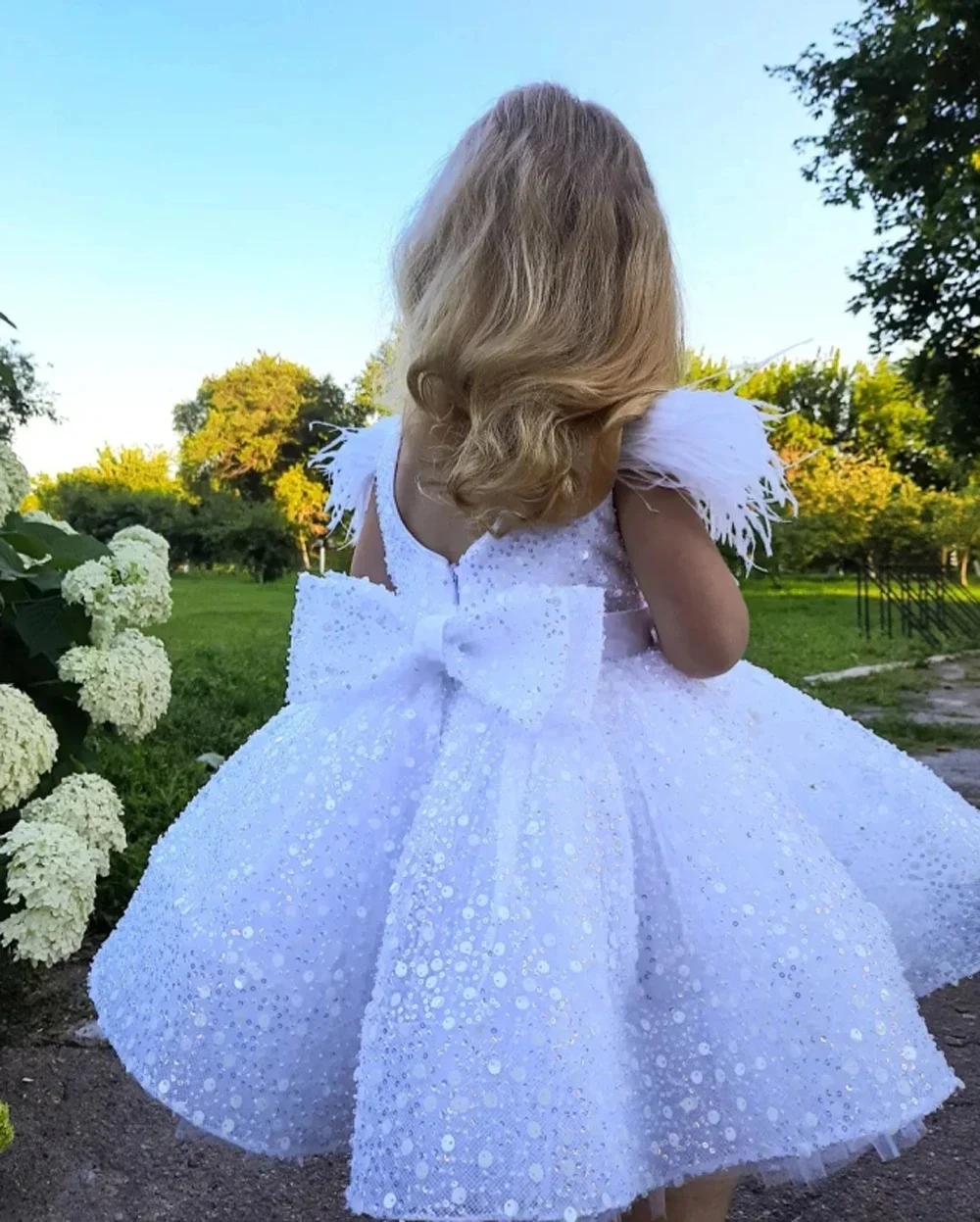 Vestido branco com arco de lantejoulas para meninas, vestido de baile da primeira comunhão, festa de casamento, vestido de madrinha infantil, princesa, 3-9 anos