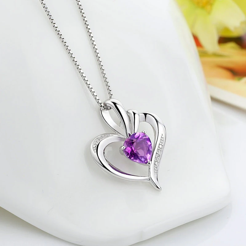 New Fashion 925 Sterling Silver Jewelry Fine Purple Zircon Heart Pendants Neckalce CZ Clavicle Chain Women&Girl Anniversary Gift